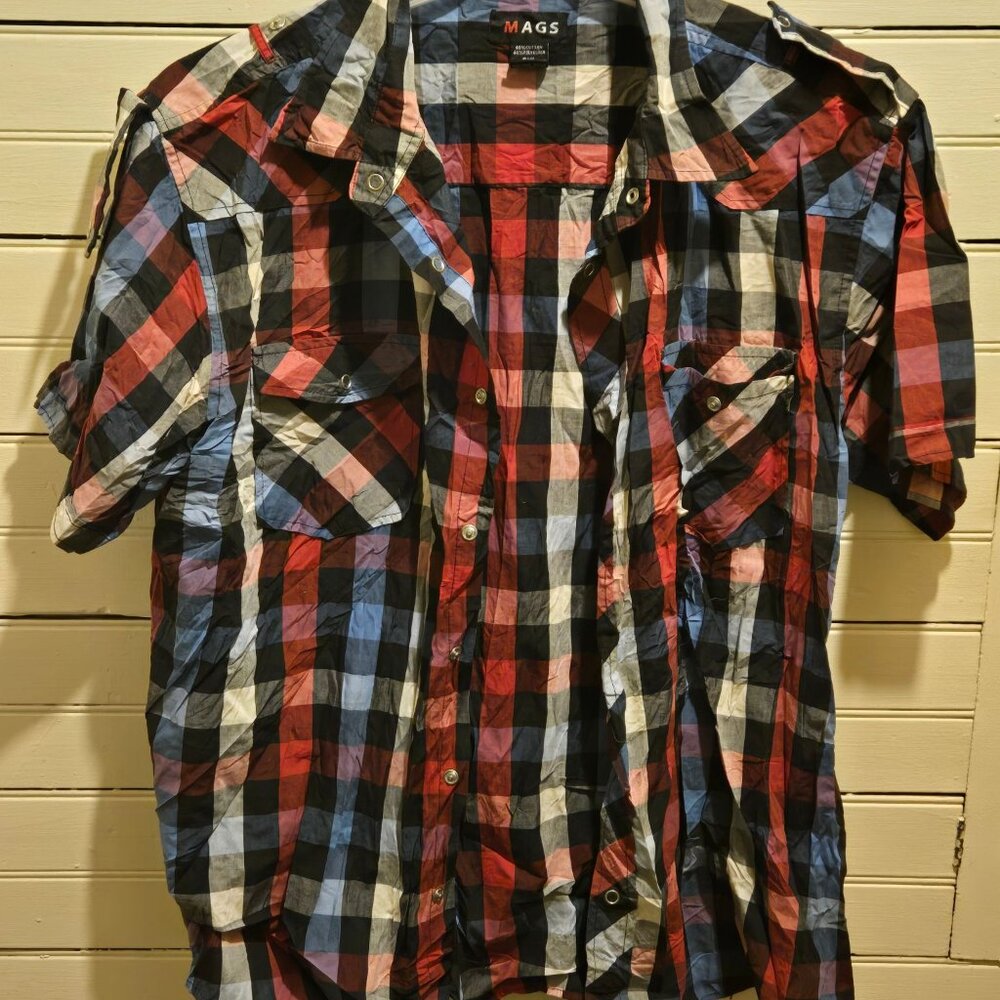 MAGS Shirt Mens 2XL Short Sleeve Plaid Button Up Casual Red Blue Black Top
